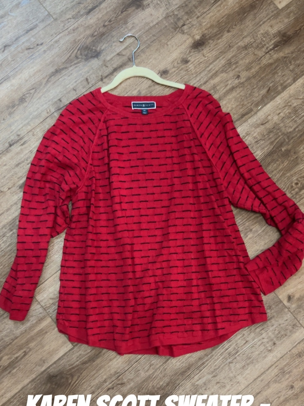 Karen Scott Red Sweater with Black Dash Stripes